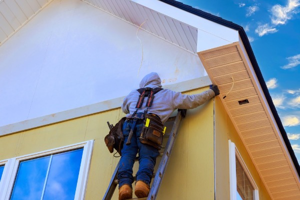 carpenter on ladder installing house siding